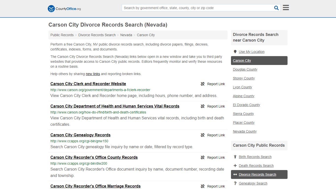 Carson City Divorce Records Search (Nevada) - County Office