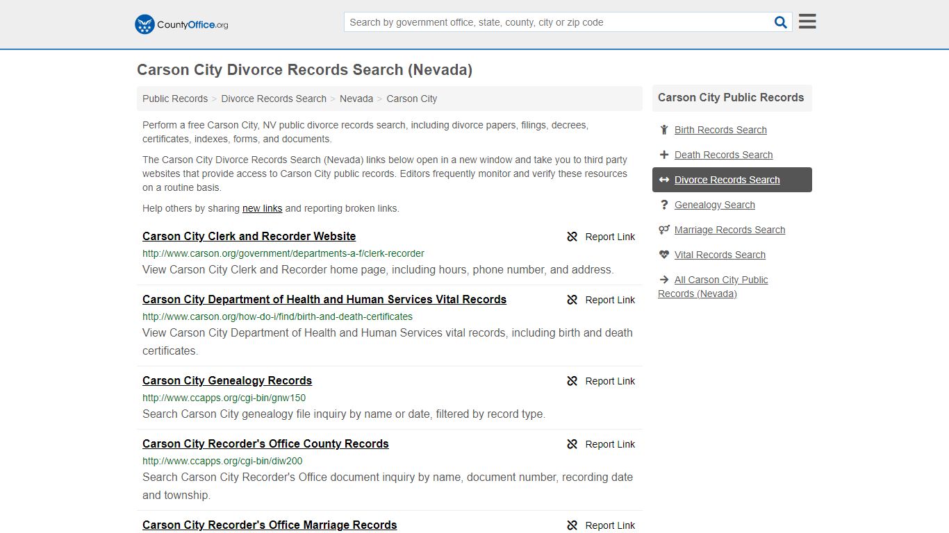 Carson City Divorce Records Search (Nevada) - County Office