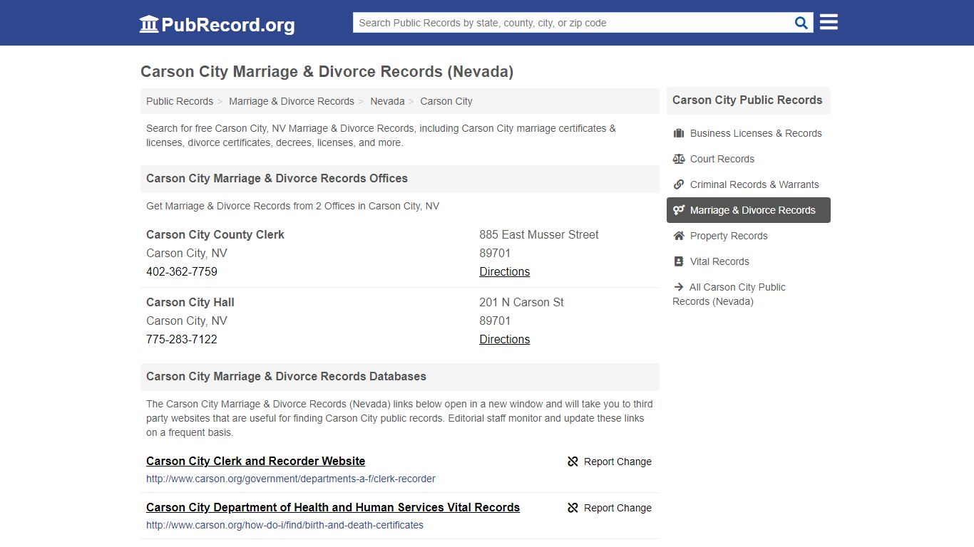 Carson City Marriage & Divorce Records (Nevada)